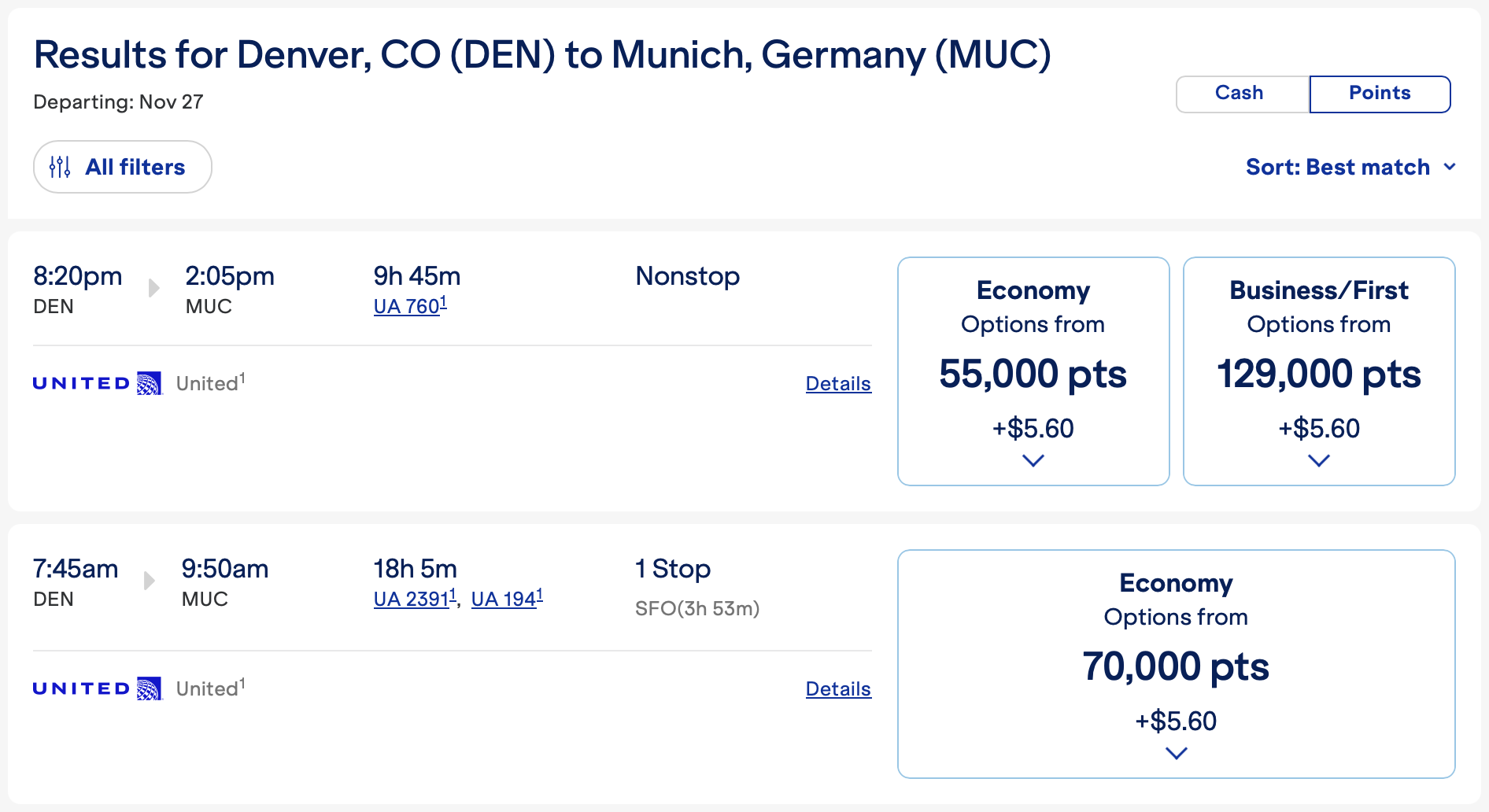 JetBlue redemption from DEN to MUC on United.