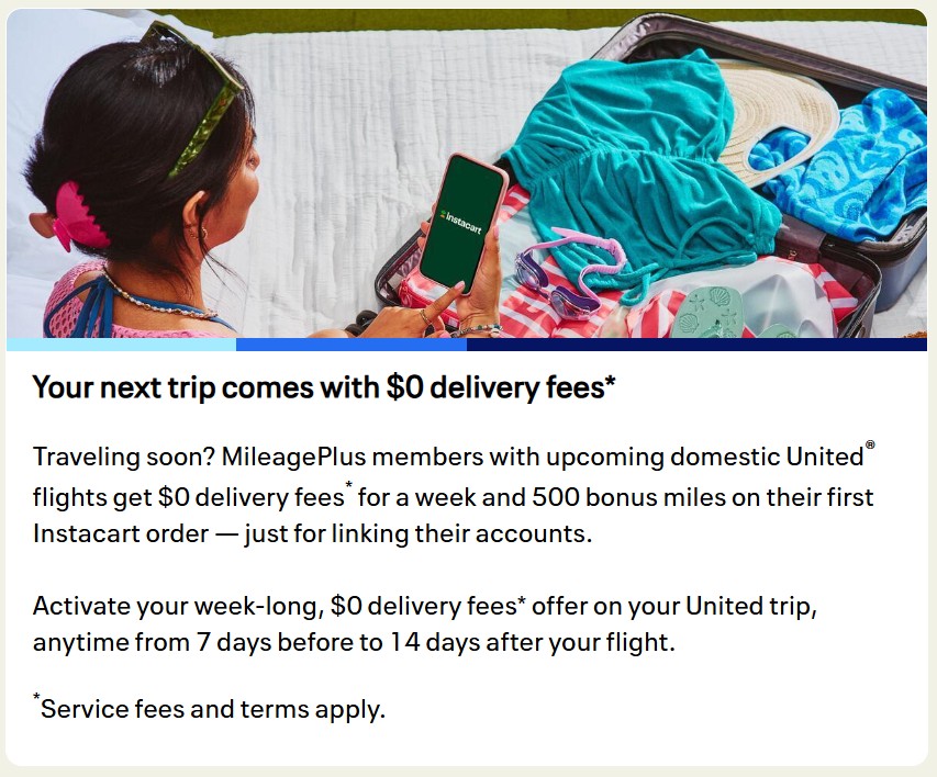 United Instacart 0 Delivery Fees and 500 Miles Promotion