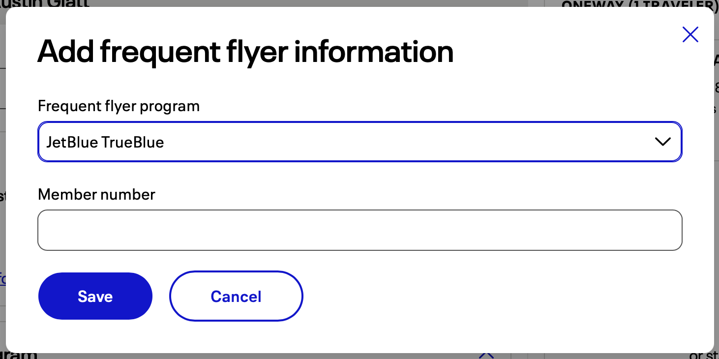 United page entry for JetBlue frequent flyer number.