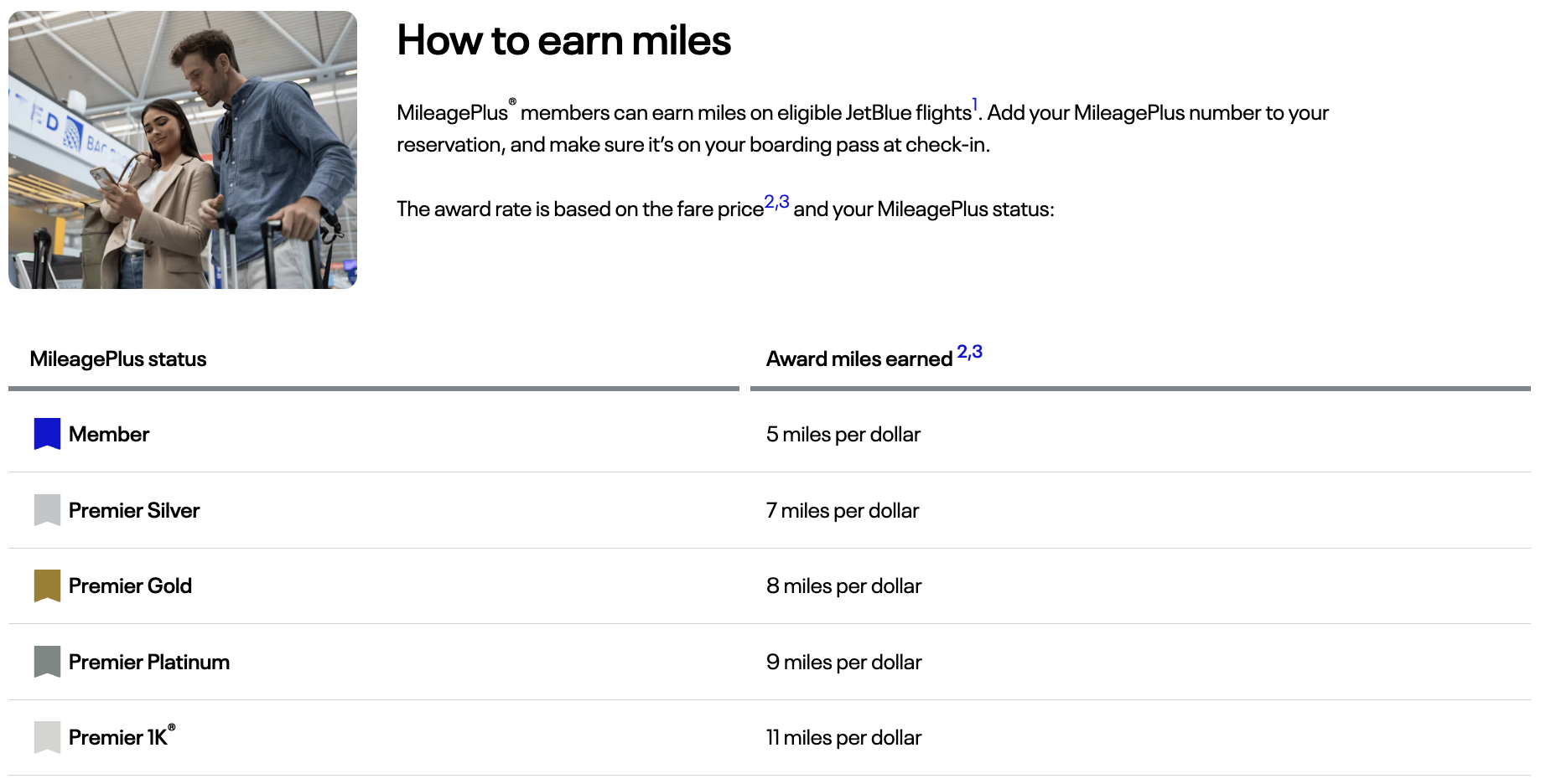 United earning table for JetBlue flights