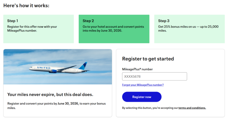 United hotel points to miles transfer bonus how it works.