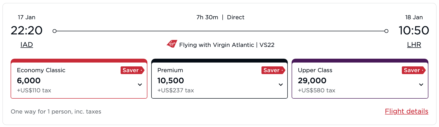 Virgin Atlantic awards from IAD to LHR.