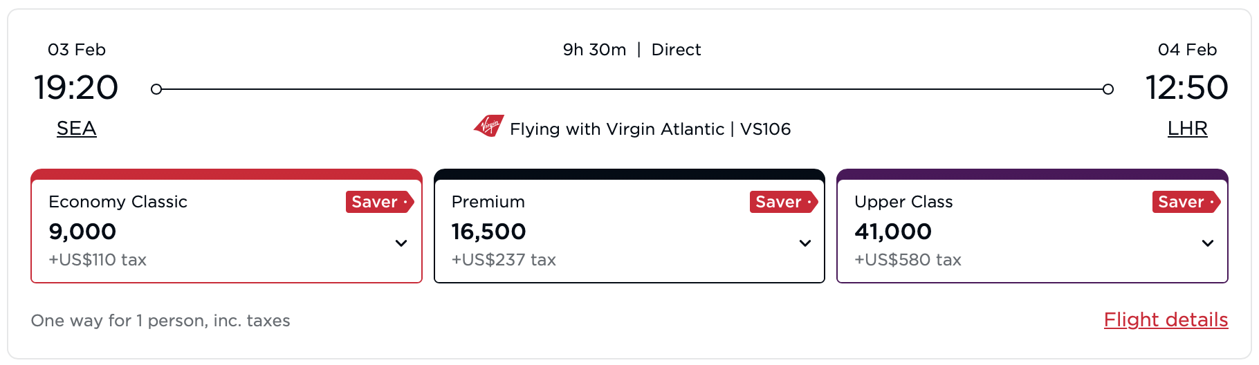 Virgin Atlantic awards from SEA to LHR.
