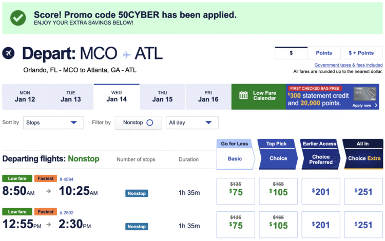 Southwest fare with promo code applied.