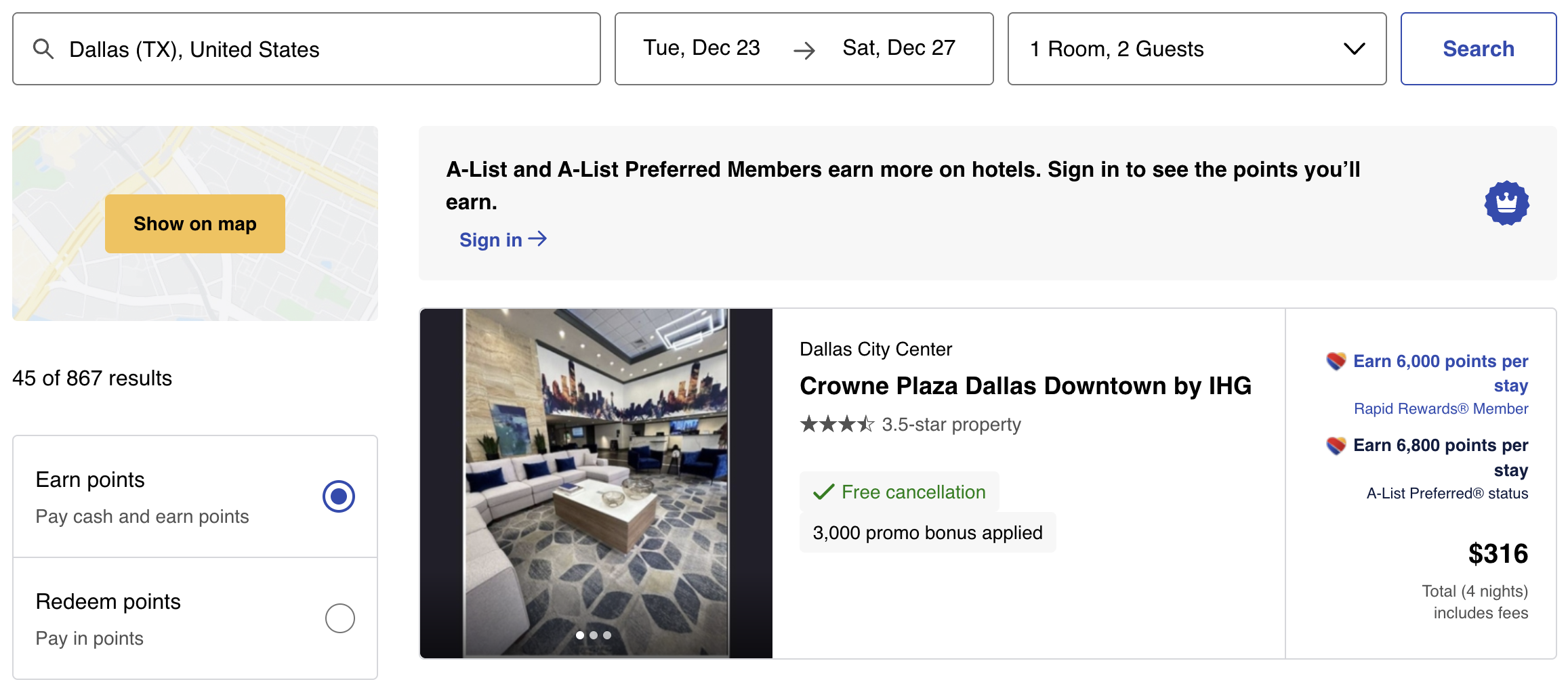 Southwest Hotels bonus points participating property.