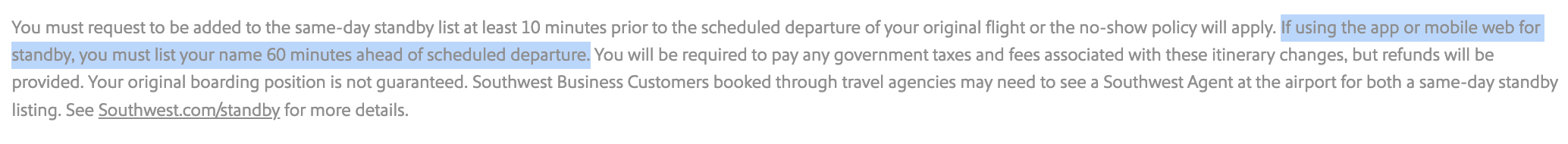 Southwest Airlines standby benefit changes.