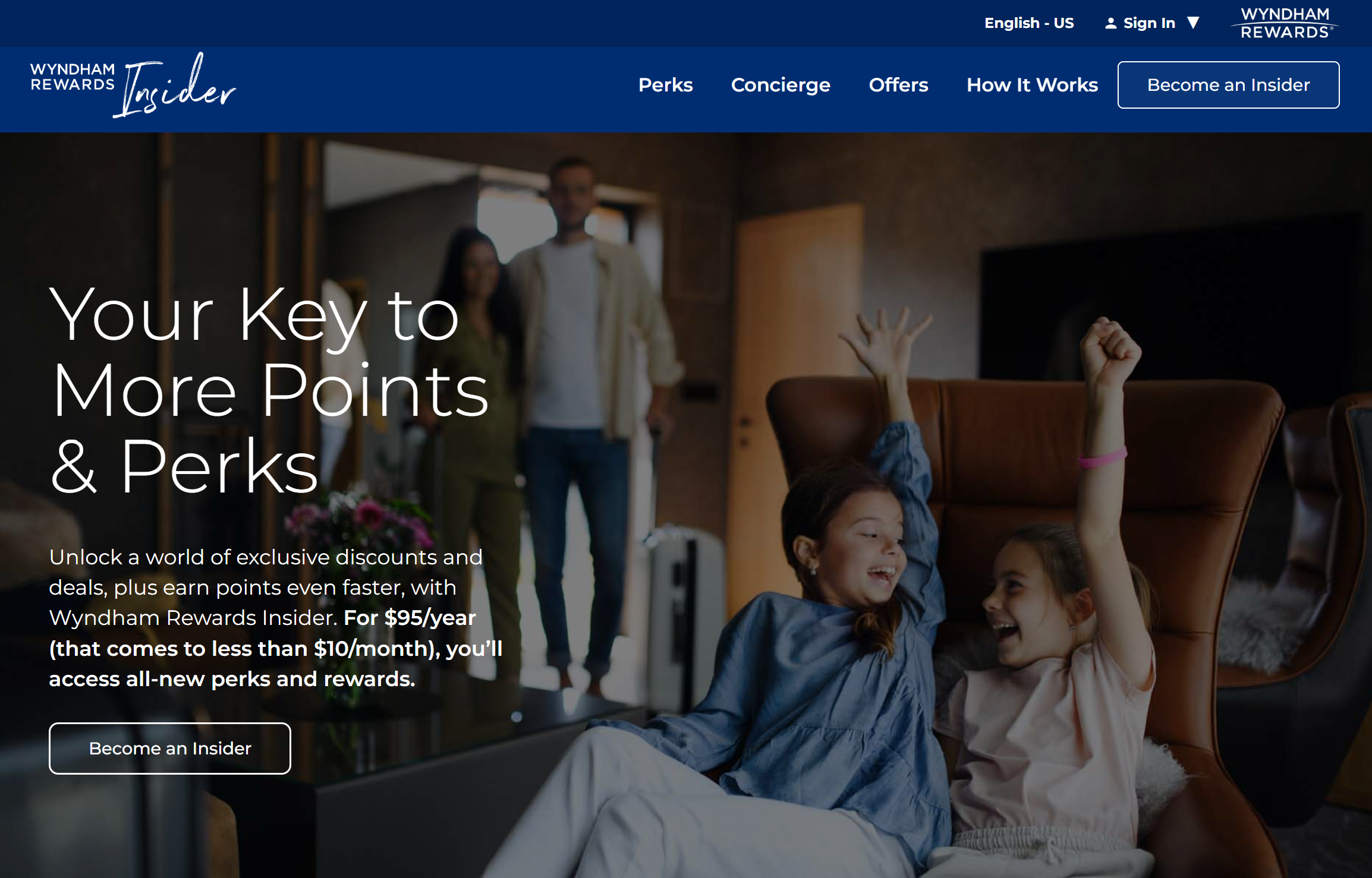 Screenshot of the Wyndham Rewards Insider homepage.