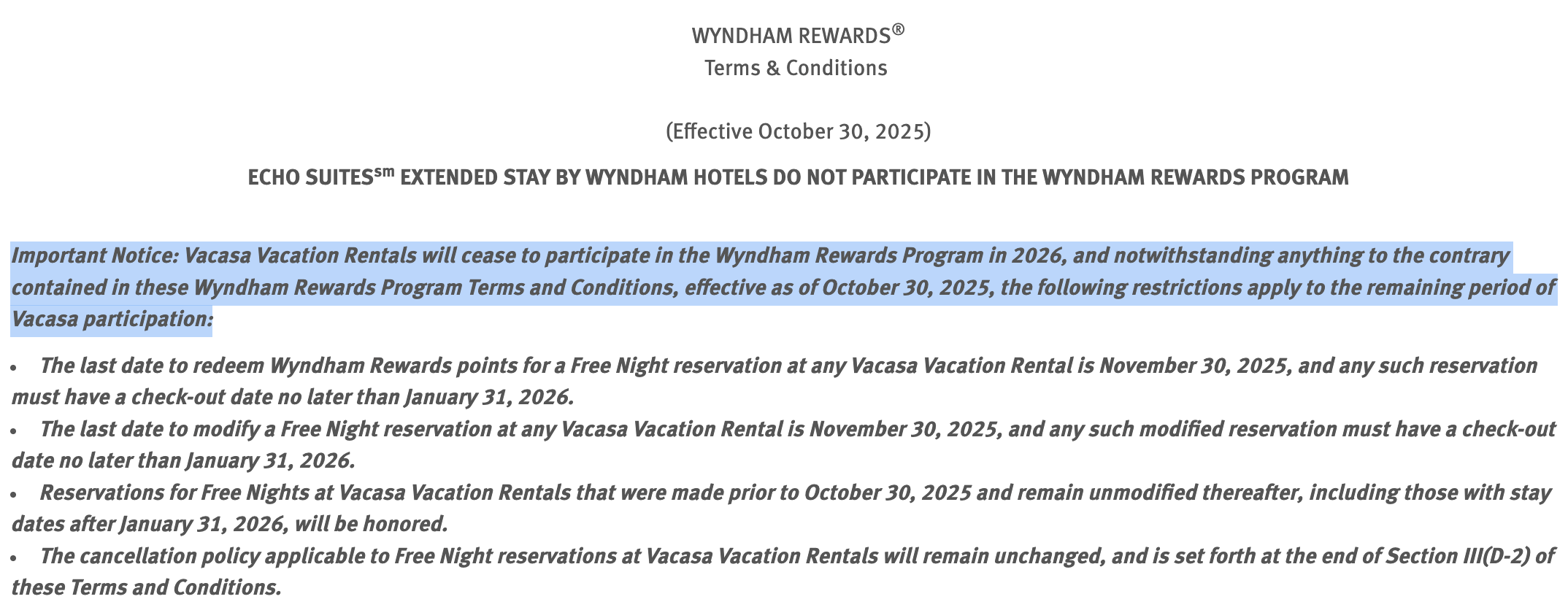 Wyndham/Vacasa partnership ending found in terms and conditions.