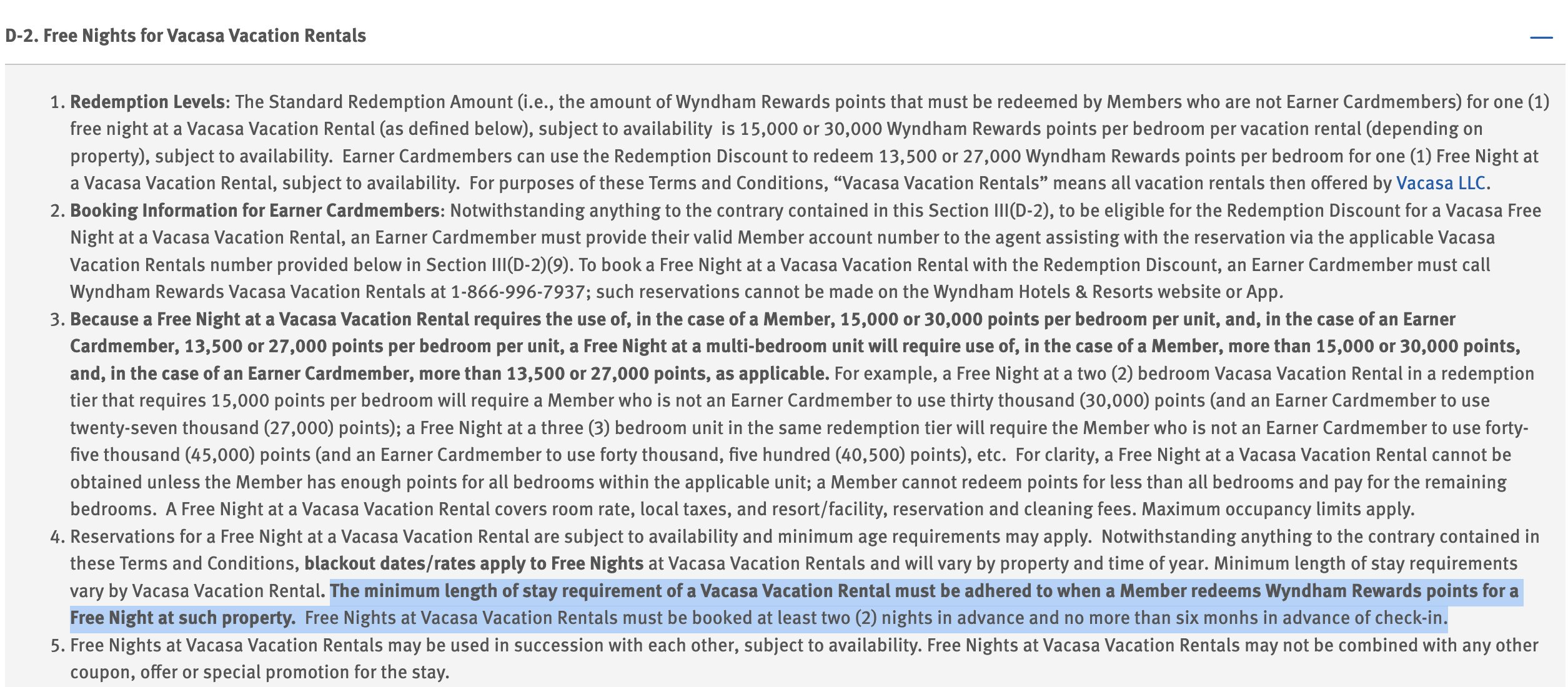 Wyndham Vacasa booking window in terms and conditions.