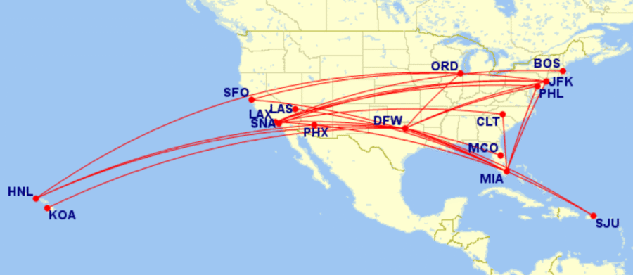 Map of all domestic routes where American Airlines is flying lie-flat seats in December 2025