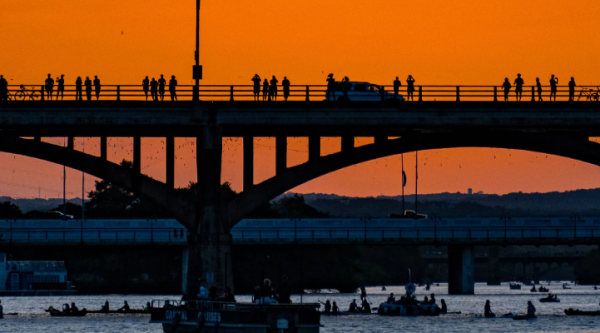 A photo of Congress Street Bridge at sunset in Austin Texas.
