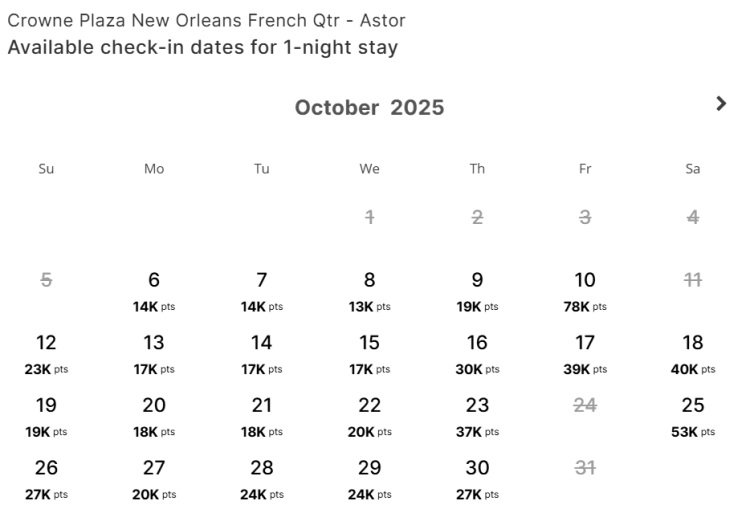 A screenshot of an IHG award calendar shows prices for the Crowne Plaza in New Orleans