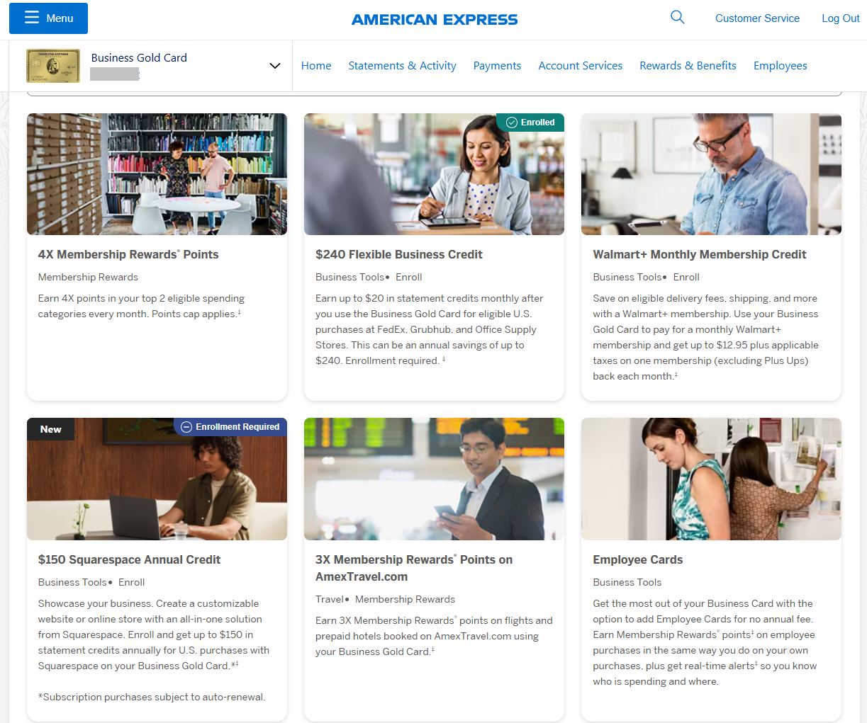 A screenshot of Amex Business Gold benefits, includign the new Squarespace Annual Credit