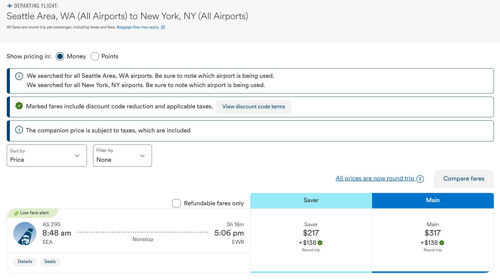 A screenshot of a flight from SEA to EWR using a companion fare