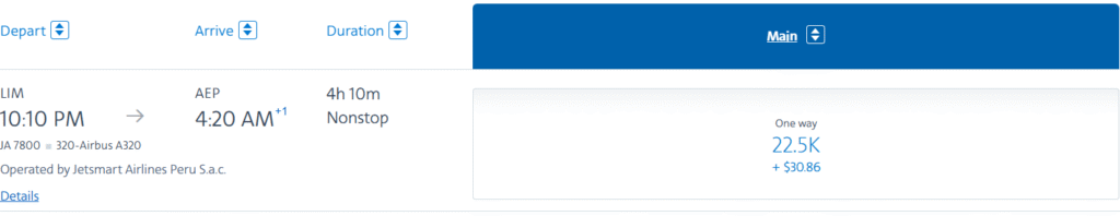 Lima to Buenos Aires booked through AA. Screenshot of AA.com