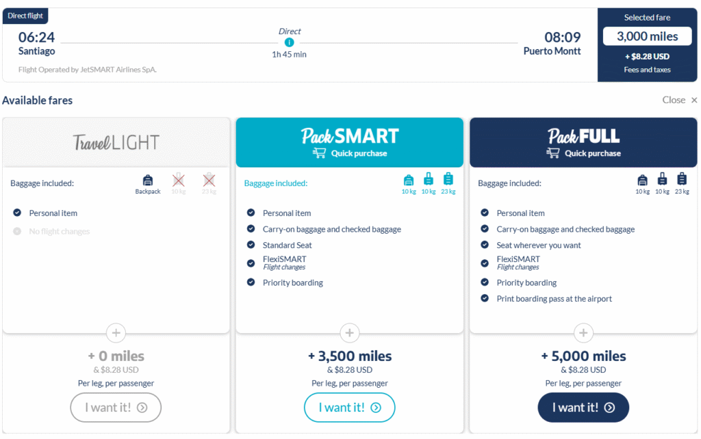 Booking a JetSMART flight with AA miles. Screenshot of JetSMART.