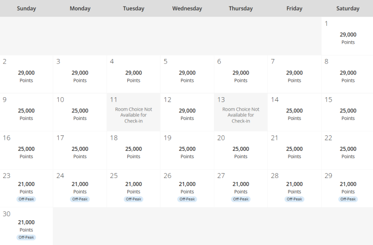 A screenshot of the award calendar to book the Driskill hotel through Hyatt.