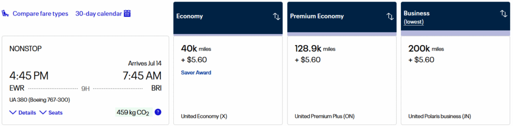 Newark to Bari on United