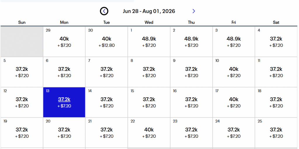 Washington to Iceland calendar view
