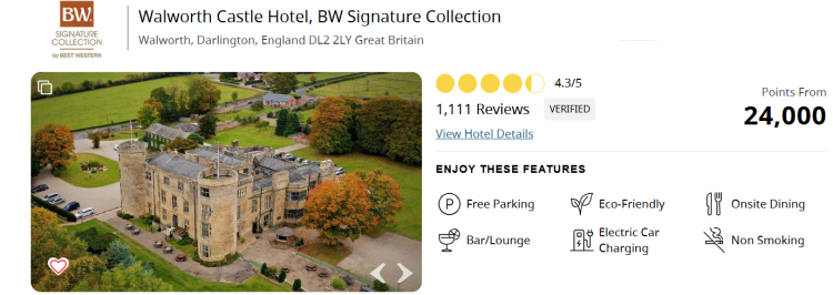 A screen shot from Best Western shows the booking page for Walworth Castle