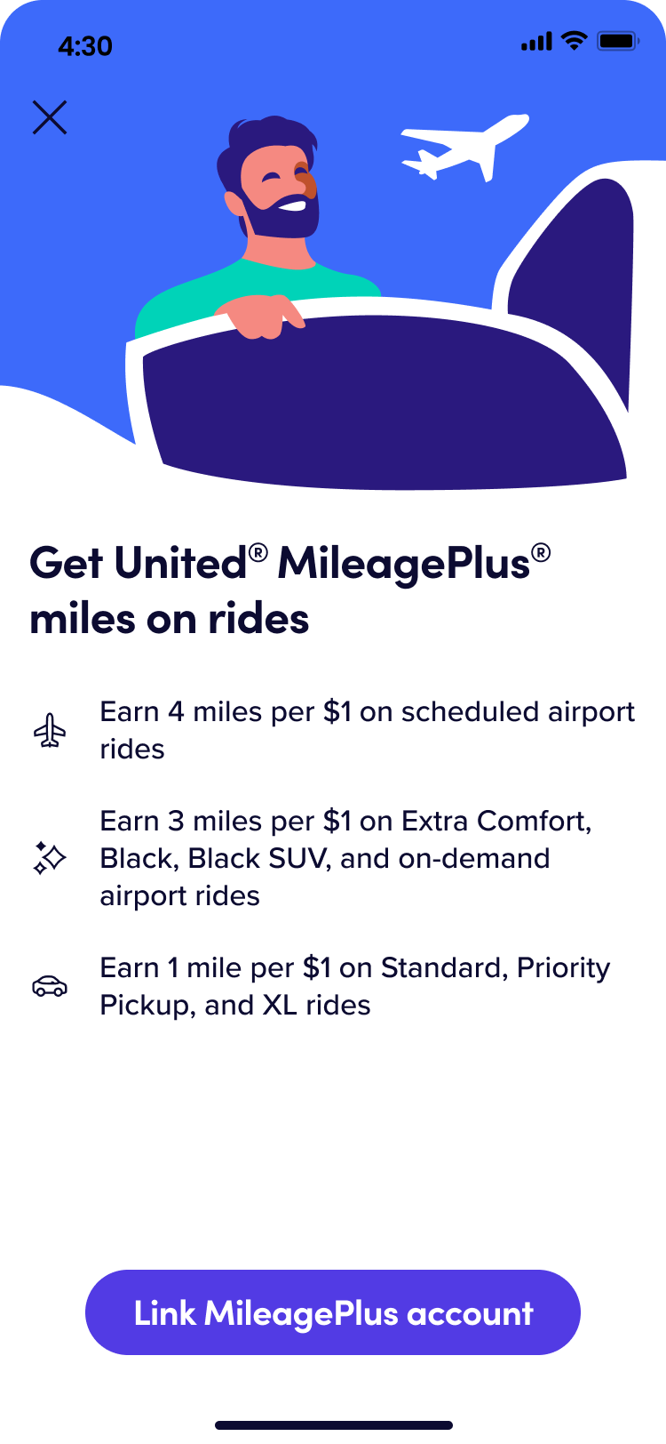 A screenshot of the Lyft app with information about the United partnership