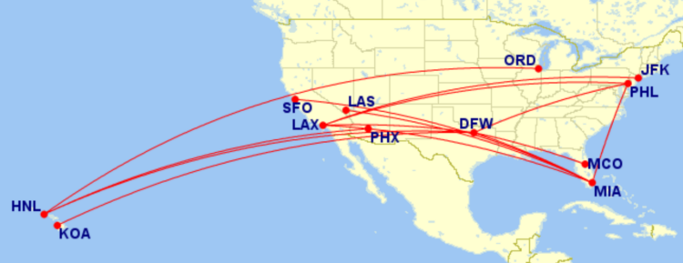 Map of domestic routes where American Airlines is flying lie-flat seats on its Boeing 787-8 aircraft in January 2026