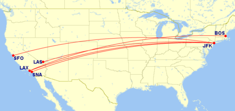 Map of domestic routes where American Airlines is flying lie-flat seats on A321T in January 2026