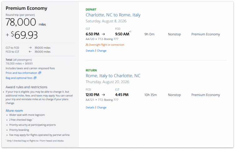 Screenshot of AAdvantage award from Charlotte to Rome in premium economy for 78,000 miles round-trip
