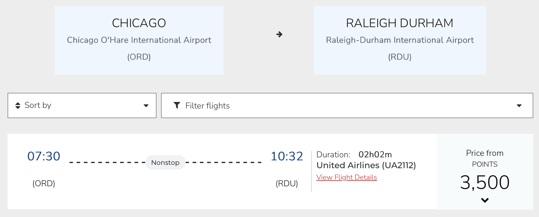 United flight from ORD to RDU for 3,500 Air India points.