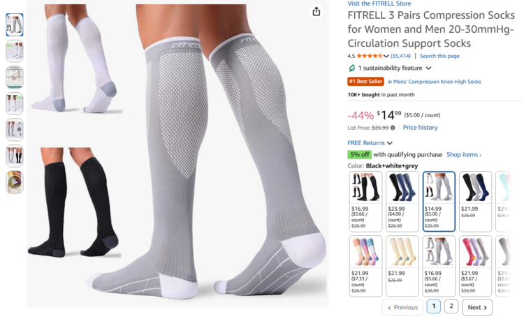 Screenshot of Amazon page for a three-pack of compression socks