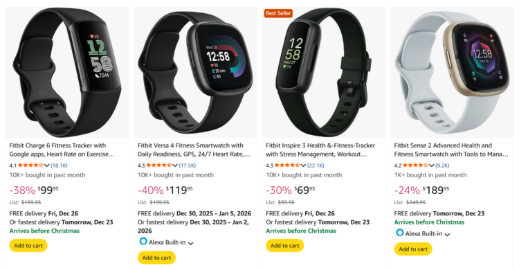 Screenshot of Amazon landing page of FitBit deals for Christmas