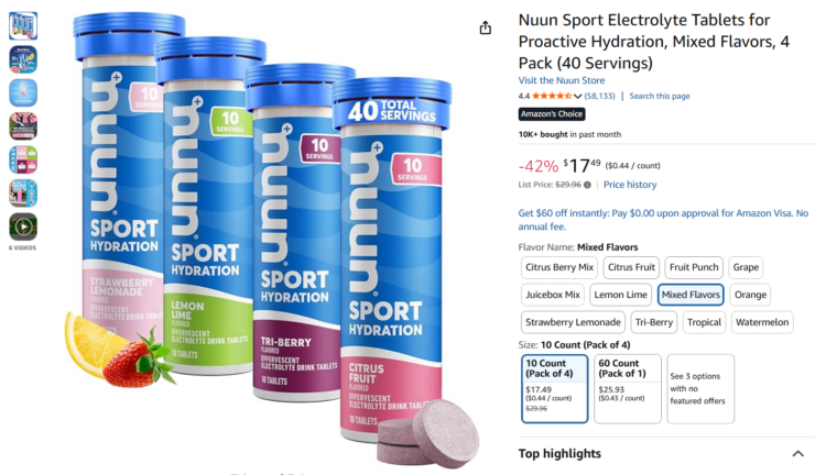 Screenshot of Amazon page for a four-pack of Nuun hydration tabs