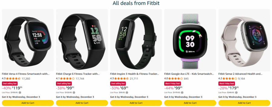Screenshot of Amazon landing page of FitBit deals for Prime Black Friday Deals