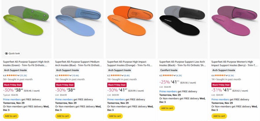Screenshot of Amazon page with Superfeet insoles on sale