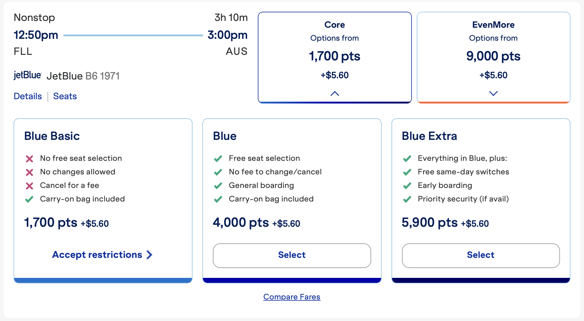 JetBlue award from FLL to AUS