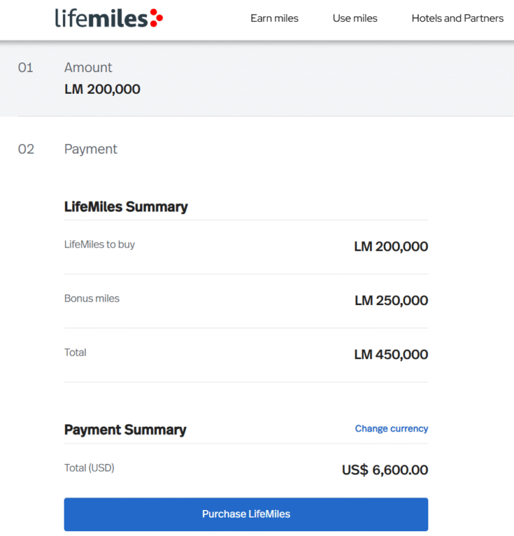 Buy 200k Avianca LifeMiles with 125% bonus example
