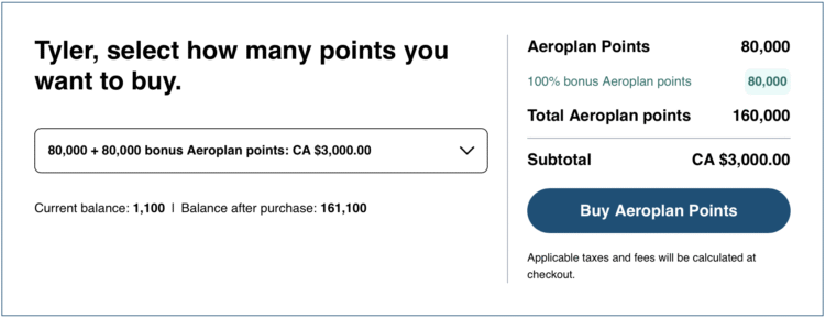 Air Canada Aeroplan buy points receipt.