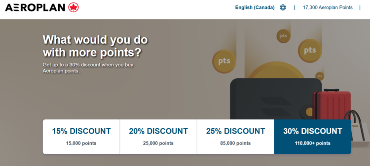 Air Canada Aeroplan buy points discount banner showing up to 30% discount