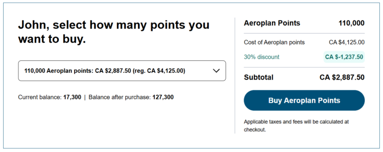 Screenshot of buying Aeroplan points with a 30% discount