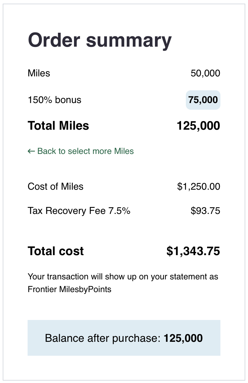 Frontier Airlines buy miles receipt