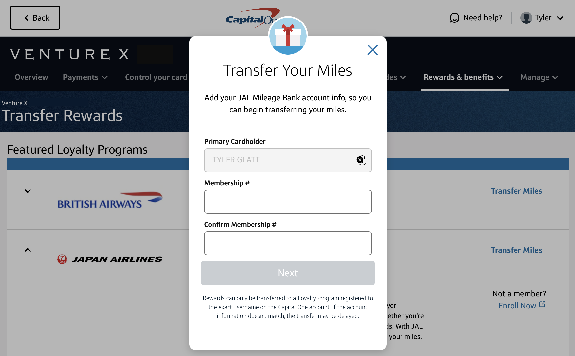Capital One transfer miles form.