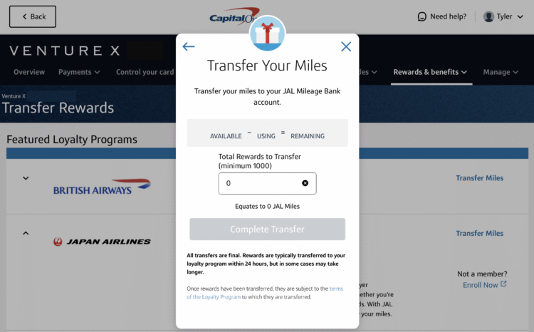 Capital One transfer miles form.