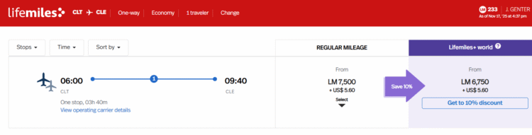 Screenshot of LifeMiles award pricing from Charlotte to Cleveland