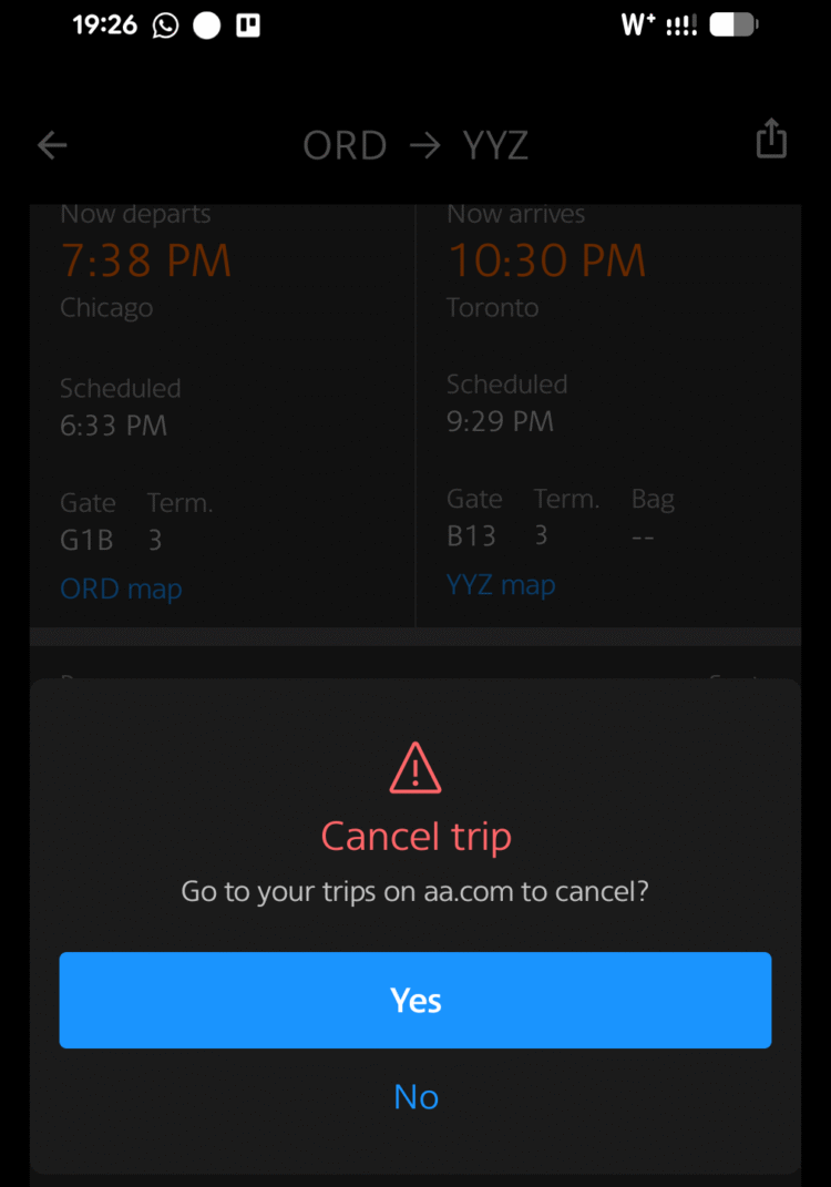 Screenshot of American Airlines app showing the option to cancel an award