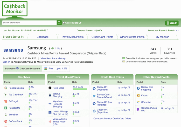 Cashback Monitor's tracked payouts for Samsung.