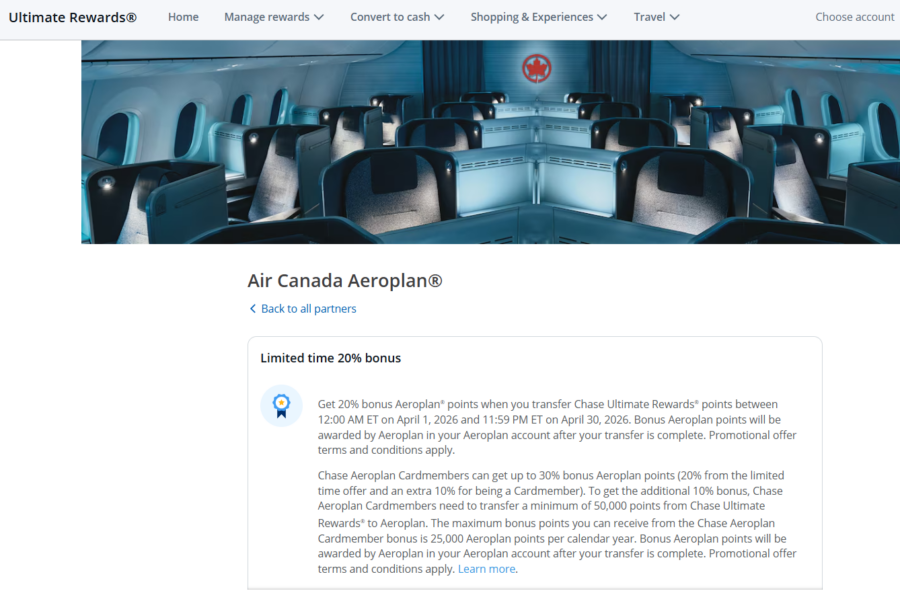 Chase to Air Canada Aeroplan transfer bonus terms