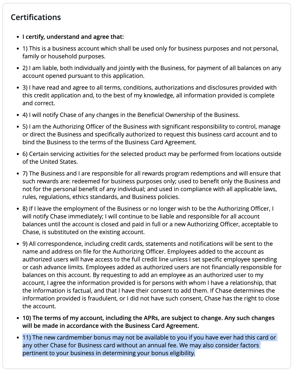 Chase Ink Business Cash Credit Card application terms.