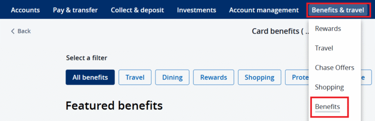 Chase top menu showing where to find card benefits