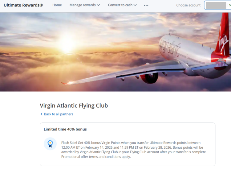 Screenshot showing Chase Ultimate Rewards 40% transfer bonus to Virgin Atlantic Flying Club