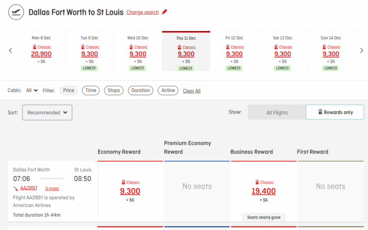 Screenshot of Qantas award pricing from Dallas to St. Louis for 9,300 miles